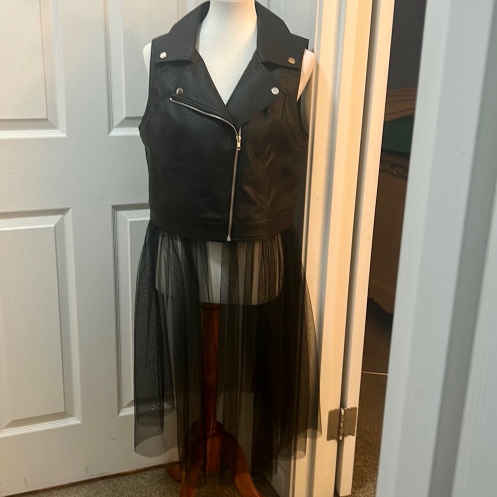 PU Leather Vest with Attached Lace Skirt
